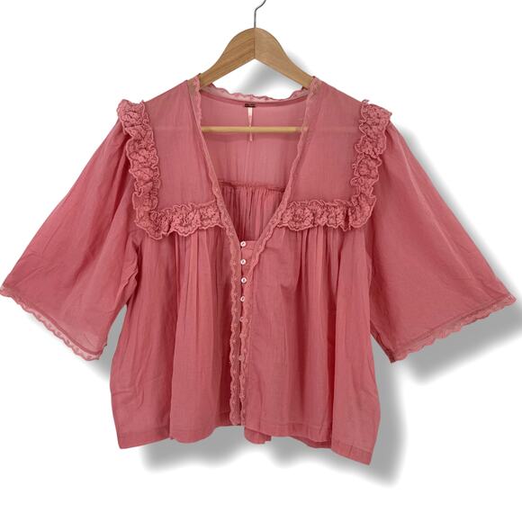 Free People Luna Top Mauve Glow Pink Lace Boho Peasant Shirt Women's Size Large - Picture 1 of 9